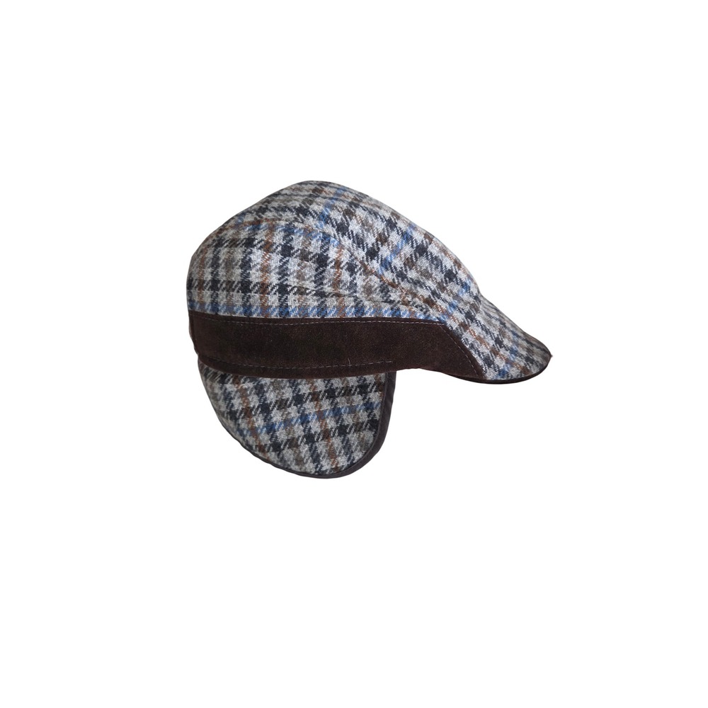 Houndstooth Newsboy Cap Brown Blue Plaid Driving  Hat Ear Flaps Made In Italy‎